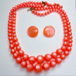 Vintage Neon Coral Moonglow Bead Necklace Earrings